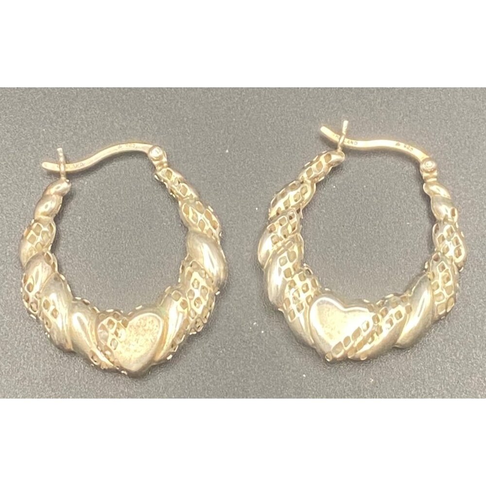 Sterling Silver 925 Heart Hoop Earrings Textured Diamond Cut Thailand 1" 2.62g